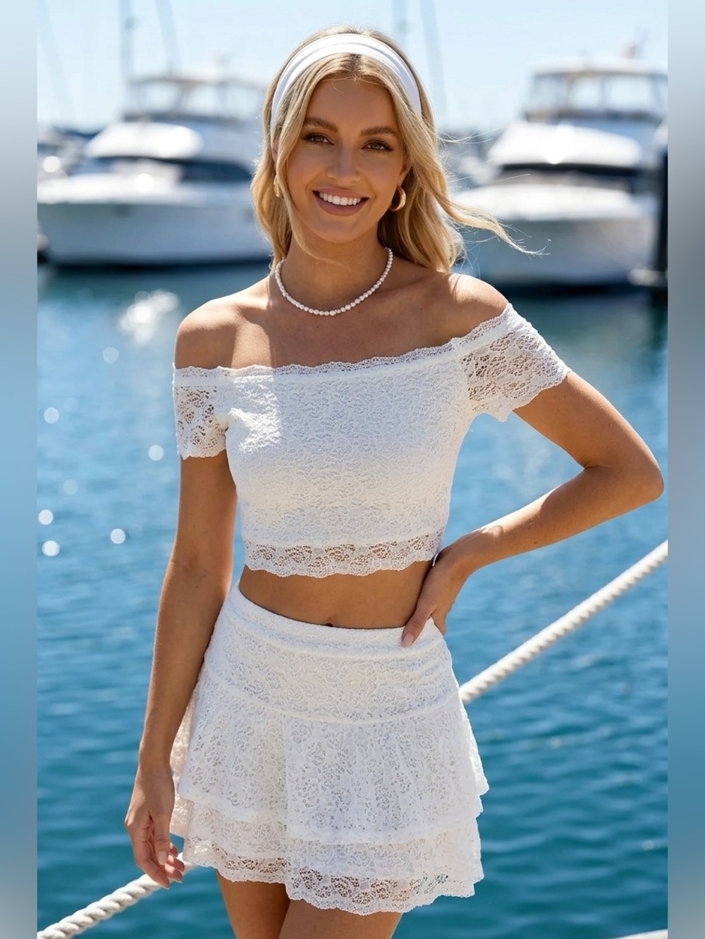 Madden Girl White Lace Off-Shoulder Circle Skirt Set